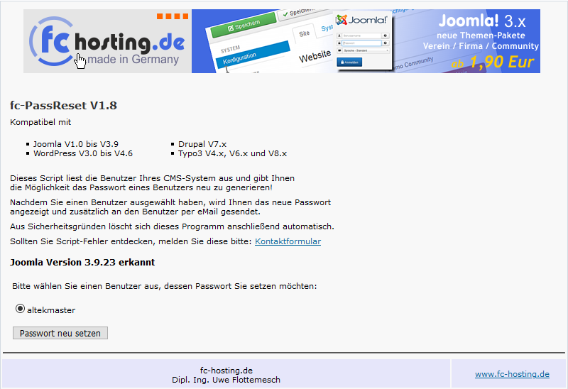 Joomla Passwort mit fc-passreset zurücksetzen 
